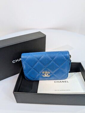 Chanel Blue Quilted Caviar Rare VIP "Gift Novelty Mini" Zip Wallet Cardholder